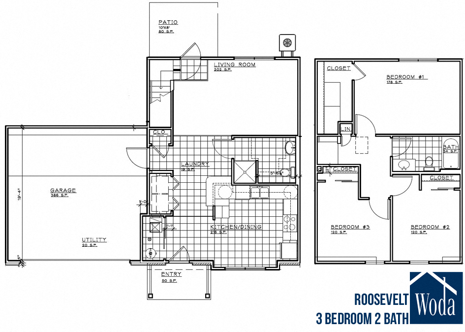 Floor plan for 3 beds, 2 baths, 1372 sqft